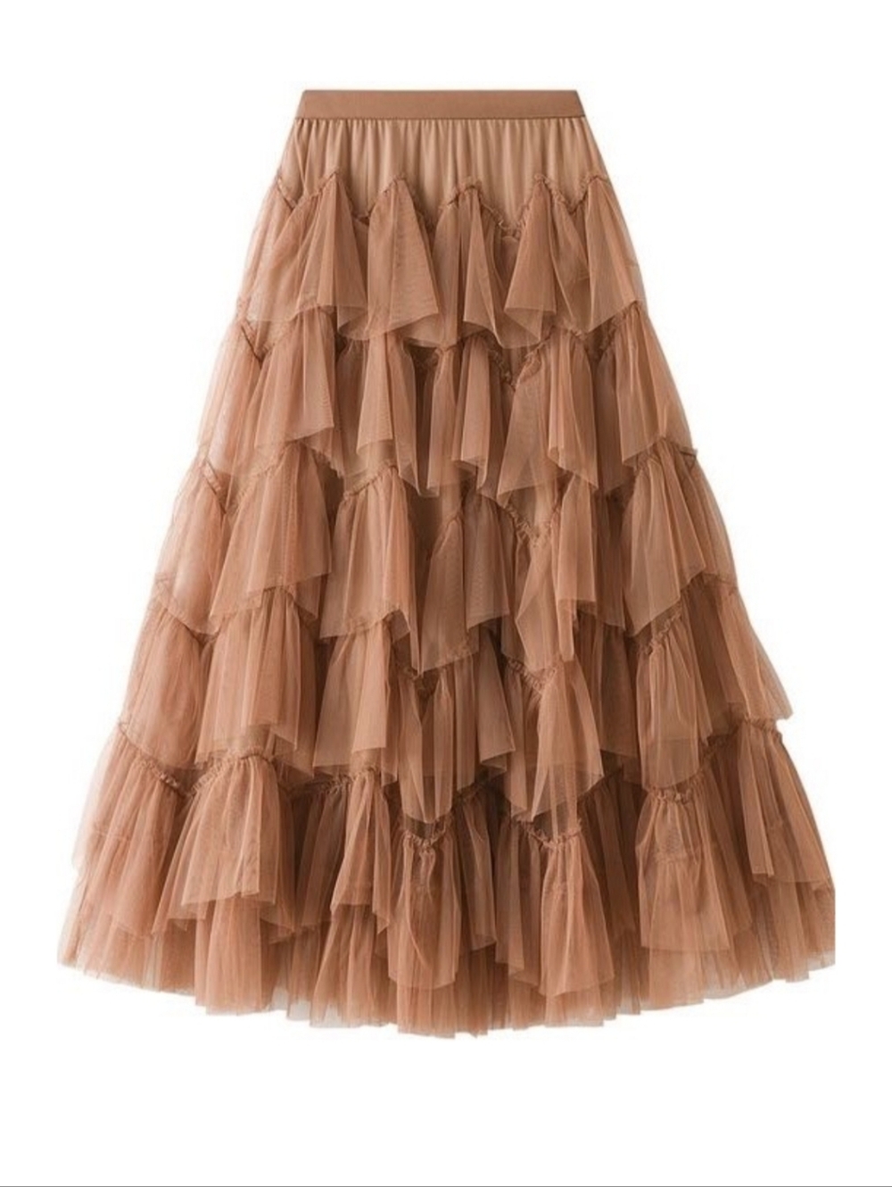 New Brown Tiered Chiffon Midi Skirt